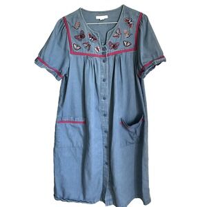 Go Softly Vintage Denim Patio Dress Loungewear‎ Pockets Butterfly Women Size S